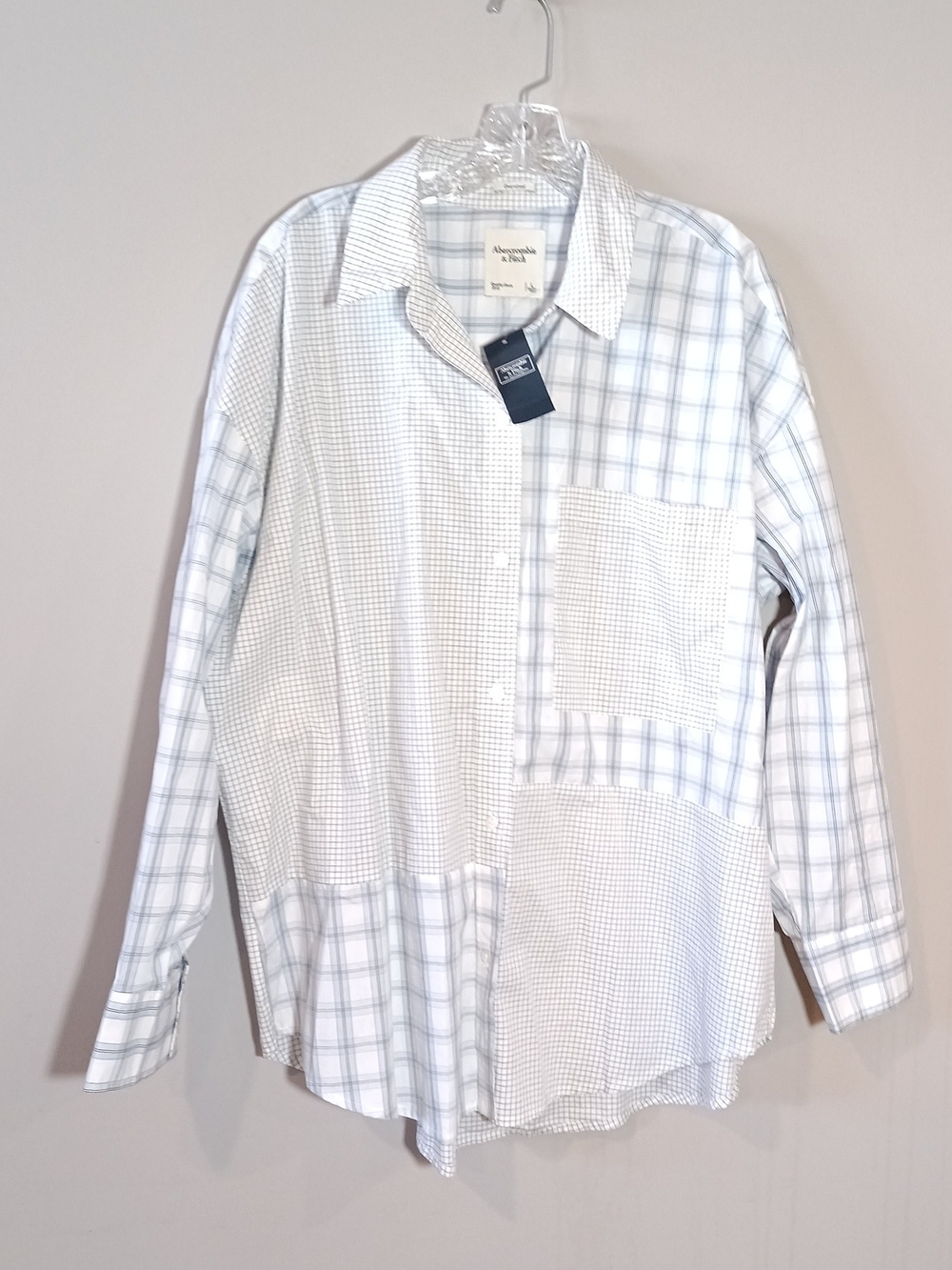 Abercrombie & Fitch Poplin Button Up Shirt White Blue Patchwork Size L New